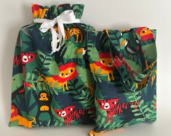 Jungle Animals Fabric Gift Bag: Reusable Drawstring Tote