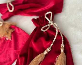 Handmade Christmas Red Velvet Gift Bag: Gold Cord Drawstring