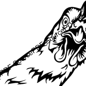 Può includere: Illustrazione vettoriale in bianco e nero di una testa di gallo con il becco aperto e un'espressione feroce.
