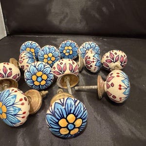Lot 13 Hand Painted Ceramic Floral Cabinet Drawer Knobs Brass Hardware Vintage