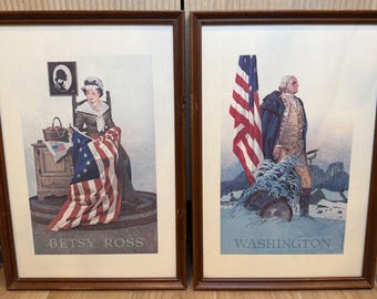 Ensemble de 2 reproductions encadrées vintage de Jack Woodson, Betsy Ross et George Washington