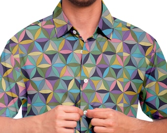 Flower of Life sacred geometry shirt, Mens button down spiritual shirt, Psychedelic festival short sleeve shirt, Trippy rave hawaiian shirt