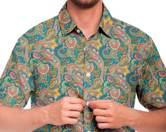 Men&#39;s paisley shirt, Psychedelic retro top, Trippy 1970s style shirt for men, 60s paisley button up shirt, Men&#39;s 70s button down boho shirt