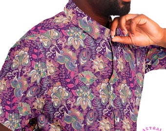 Trippy floral aloha shirt, Hippie psychedelic shirt for men, Pink retro paisley shirt, Mens 70s button up boho shirt, 1960s mens shirt,