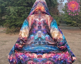 May include: A hooded sweatshirt with a colourful, psychedelic print featuring a swirling, abstract design. The print includes shades of blue, purple, pink, and yellow.