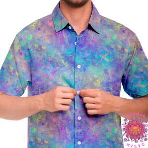 Psychedelic rave shirt, Holographic button down shirt for men, Trippy festival mens button up shirt, Pastel aloha shirt, Rainbow surf shirt
