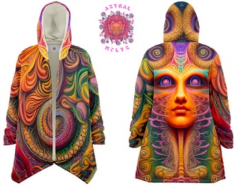 May include: A hooded cardigan with a colourful, psychedelic pattern featuring swirling lines and a central image of a face with large eyes. The cardigan is made of a soft, comfortable fabric and has a zipper closure.