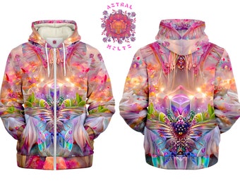 Fantasy Sherpa Hoodie, Psychedelic zip up hoodie, Festival jacket, Colorful trippy hoodie for men and women, Rave jacket with a hoodie,