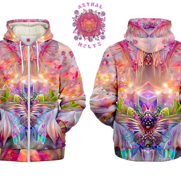 Fantasy Sherpa Hoodie, Psychedelischer Zip Up Hoodie, Festival Jacke, Farbenfroher Trippy Hoodie für Männer und Frauen, Rave Jacke mit Hoodie,