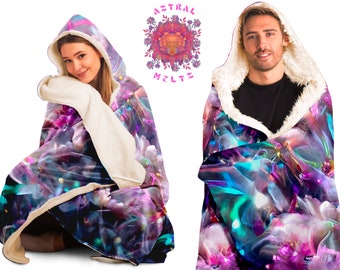 Cosmic Floral Kapuzendecke, Psychedelische Decke mit Hoodie, Sherpa Camping Decke, Festival Decke, Rave Decke, Trippy Neon Decke