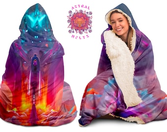 Kosmische Hoodie Decke, Psychedelische Kapuzen Decke, Festival Cape, Camping Decke, Rave Decke, Bunter Print Sherpa Trippy Decke, Poncho