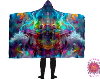Neon Hooded Blanket, Psychedelic Blanket, Hooded Sherpa Festival Blanket, Meditation Blanket, Boho Rave Hoodie Blanket, Camping Blanket