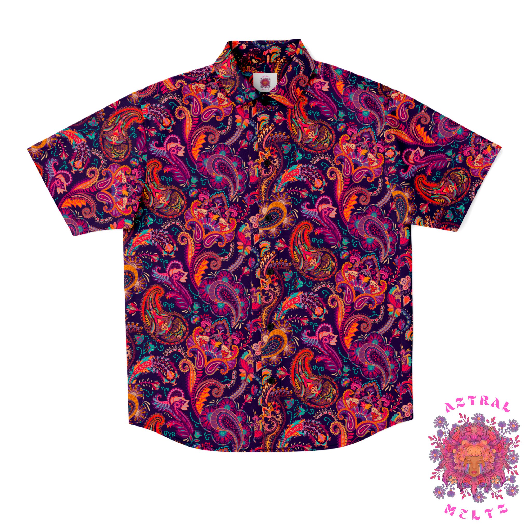 Mens 70s Retro Purple Psychedelic Paisley Button-Down Shirt – Long Sleeve, Cotton, By Mazeys