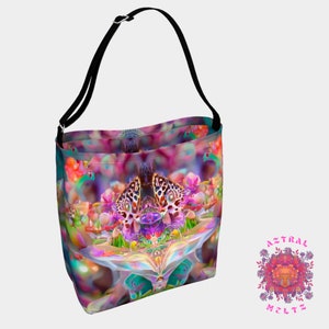 May include: A colorful tote bag with a psychedelic butterfly design. The bag has a black strap and is made of a durable fabric. The design features a variety of colors, including pink, purple, blue, green, and yellow.