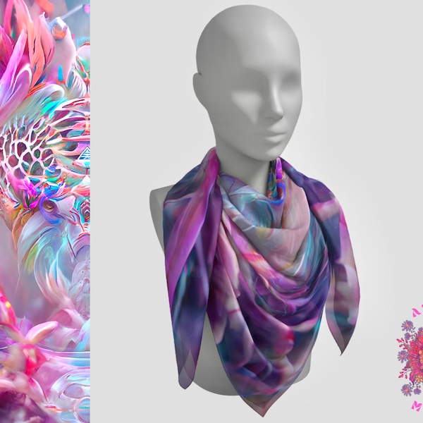 Neon Pastel Scarf, Pure Silk Scarf, Silk Shawl, Psychedelic Scarf, Colorful Printed Scarf, Satin Scarf, Bandana, Silk head wrap, Rave scarf