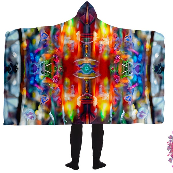 Tribal Hooded Blanket, Shamanic Blanket, Psychedelic Hoodie Blanket, Sherpa Camping Blanket, Festival Blanket Cape, Rave Blanket, Poncho