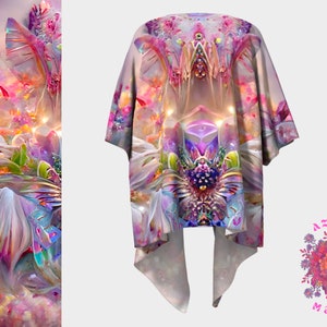 May include: A colourful kimono with a floral pattern and a crystal-like design in the centre. The kimono is made of a soft, flowing fabric and has a relaxed fit. The fabric features a swirling, abstract design with shades of pink, purple, blue, and white.