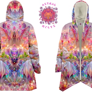 Floral Fantasy Hooded Cloak for Men and Women, Unisex Psychedelic Coat with a Hoodie, Colorful Rave Cape, Festival jacket, Sherpa jacket
