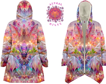 Floral Fantasy Hooded Cloak for Men and Women, Unisex Psychedelic Coat with a Hoodie, Colorful Rave Cape, Festival jacket, Sherpa jacket