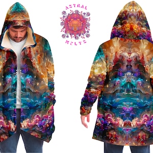 Festival Hooded Cloak, Psychedelic Jacket with a Hoodie, Trippy Cape, Colorful Boho Poncho, Shamanic Rave Jacket, Sherpa Coat, Psytrance