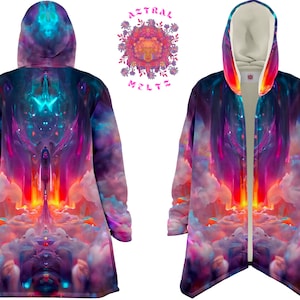 Unisex Psychedelic Hooded Cloak, Cosmic colorful microfleece coat for men and women, Trippy neon jacket with a hoodie, Festival poncho cape