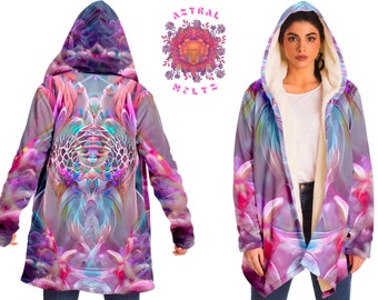 May include: A purple and pink hooded jacket with a floral pattern and a sherpa lining. The jacket has a long, flowing design and a hood with a drawstring. The jacket features a psychedelic design with a mandala-like pattern in the center.