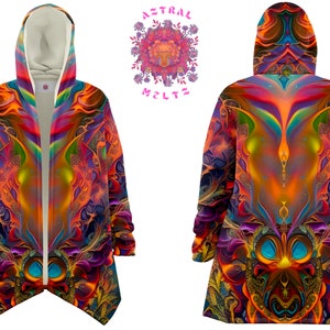 Trippy velveteen jacket, Psychedelic rave cloak, Boho festival coat, Hippie hooded cloak with pockets, Dream cloak, Acid hoodie, Cape coat