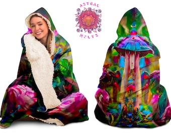Magische Pilz Kapuzen Decke, Psychedelische Hoodie Decke, Gedruckte Festival Decke, Sherpa Camping Decke, Burning Man Decke, Boho Rave