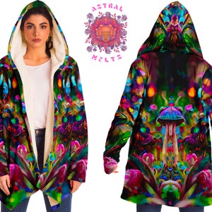 Magic Mushroom Hooded Coat for Women and Men, Unisex Psychedelic Jacket, Colorful Trippy Cloak with a Hood, Printed Microfleece Poncho