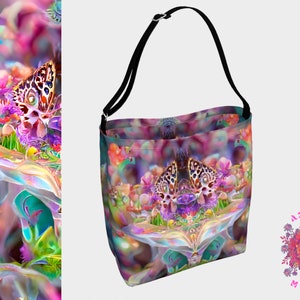 May include: A colorful tote bag with a psychedelic butterfly design. The bag has a black strap and a white background with a pink, blue, and green butterfly.