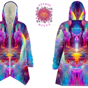 Rainbow dream cloak, Festival psychedelic hoodie, Fantasy velvet coat for men and women, Trippy sherpa jacket, Colorful hooded cape cloak,