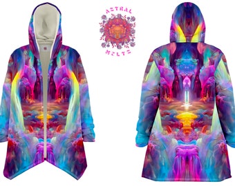 Rainbow dream cloak, Festival psychedelic hoodie, Fantasy velvet coat for men and women, Trippy sherpa jacket, Colorful hooded cape cloak,