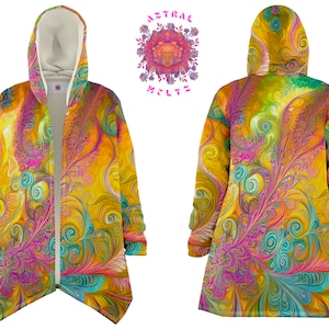 May include: A yellow, teal, and pink hooded cardigan with a swirling, abstract pattern. The cardigan has a long, flowing design and a hood.