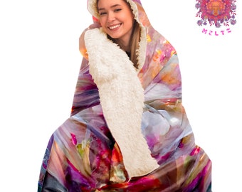 Manta con capucha de fantasía floral, manta psicodélica con capucha, manta sherpa con capucha para adultos, manta para festivales, manta bohemia colorida y psicodélica.