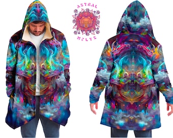 May include: A hooded jacket with a colorful, psychedelic print featuring swirling clouds and flames. The jacket has a zipper closure and a hood with a drawstring.