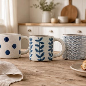 May include: Three ceramic mugs with speckled off-white surfaces and blue hand-painted designs. The first mug features large blue polka dots, the second displays vertical blue leaf sprigs, and the third is decorated with a repeating blue spiral pattern.