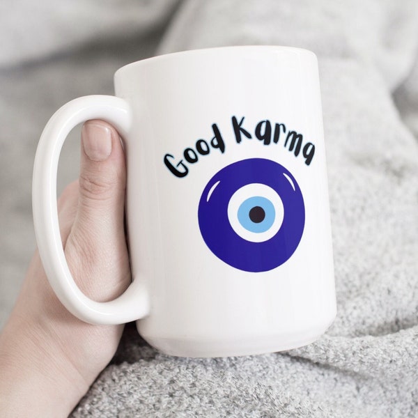 Good Karma Coffee Tea Mug Cup 15 Oz Evil Eye Blue Tones Ceramic White, Colorful Illustration, Sublimated Gift by Mugzan