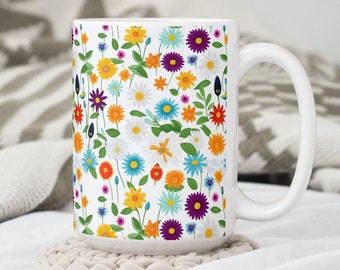 Colorful Daisy Garden Coffee Tea Mug Cup 15 Oz Floral Pattern by Mugzan NEW