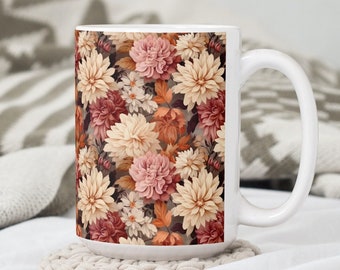 Vintage Fall Flowers Coffee Tea Mug Cup 15 Oz Ceramic White, Floral Sublimated illustration by Mugzan NEW