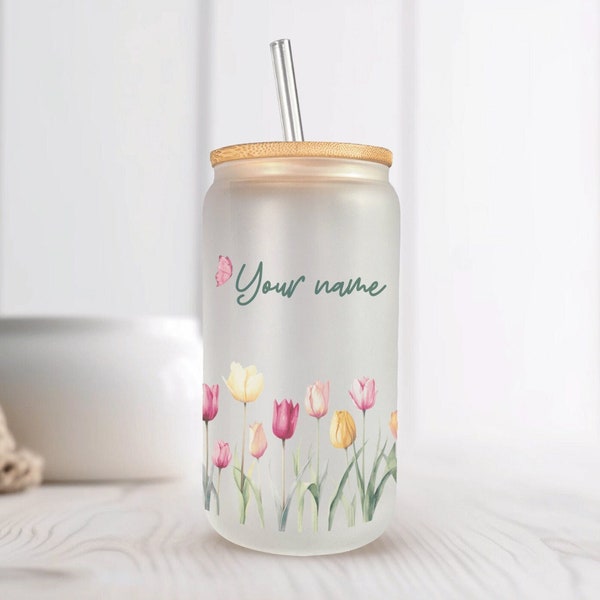 Tulips Garden Personalized Frosted Glass Can with Bamboo Lid 16 Oz Libbey Glass Cup by Mugzan