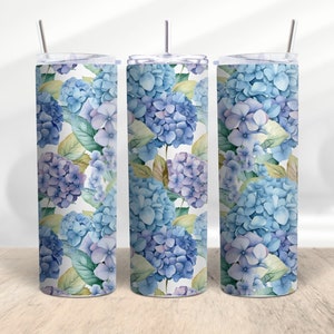 Personalized Blue Hydrangeas Garden Stainless Steel 20 Oz Tumbler With Lid & Straw, Gift for her, Hydrangea Cup by Mugzan