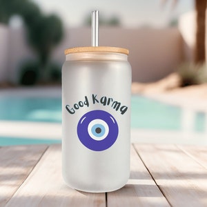 Good Karma Evil Eye-glasblikje – 16 oz gematteerde beker – spirituele beschermingsbeker – esthetische boho-drinkgerei – indachtig cadeau voor haar