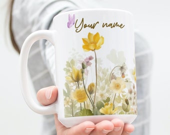 Personalized Summer Garden Coffee Tea Mug Cup 15 Oz Ceramic Yellow Flowers by Mugzan NEW