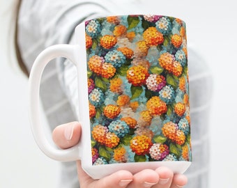 Colorful Lantana Garden Coffee Tea Mug Cup 15 Oz Ceramic White, Floral Sublimated illustration by Mugzan NEW