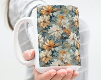 Fall Flowers Oil Paint Style Coffee Tea Mug Cup 15 Oz Ceramic White, Floral Sublimated illustration by Mugzan NEW