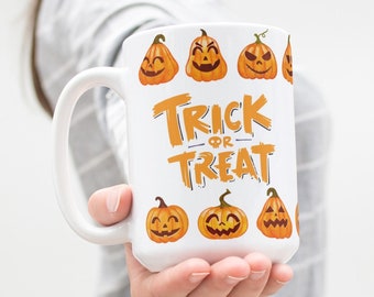 Trick or Treat Coffee Tea Mug Cup 15 Oz Ceramic White, Halloween Spooky Pumpkin Sublimated Personalized Gift by Mugzan