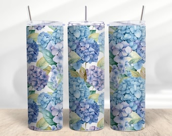 Personalized Blue Hydrangeas Garden Stainless Steel 20 Oz Tumbler With Lid & Straw, Gift for her, Hydrangea Cup by Mugzan