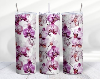 Personalized Beautiful Purple Orchids Stainless Steel Skinny 20 Oz Tumbler, With Lid & Straw, Custom Name Gift, Orchid Lover Cup by Mugzan