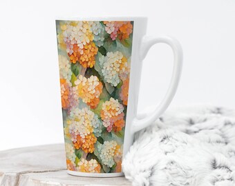 Lantana Flowers Coffee Tea Latte Mug Cup 17 Oz Ceramic White, Colorful Floral illustration, Personalized Gift by Mugzan