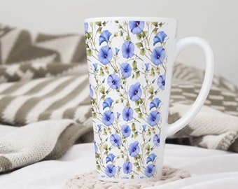 Blue Morning Glory Garden Coffee Tea Latte Mug Cup 17 Oz Ceramic White, Multicolor Floral illustration, Sublimated Gift by Mugzan